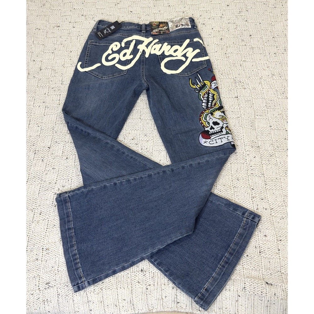 Ed Hardy Women Flare Jeans 28 NWT New York City Skull Eagle Embroidered Y2KDenim